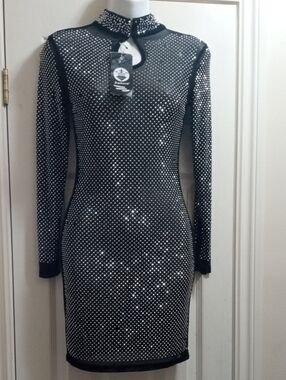 Take A Extra 50% Off▶STUNNING Rhinestone-Embellished Black Long-Sleeve Bodycon